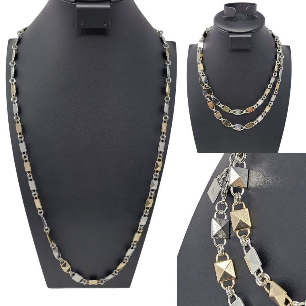 Vintage Chaps‎ Gold Silver Metal Geometric Square Charm Long Necklace Hip Belt